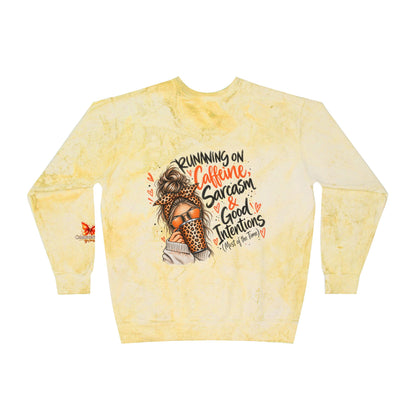 Color Blast Crewneck Sweatshirt — "Running on Caffeine, Sarcasm & Good Intentions" Graphic