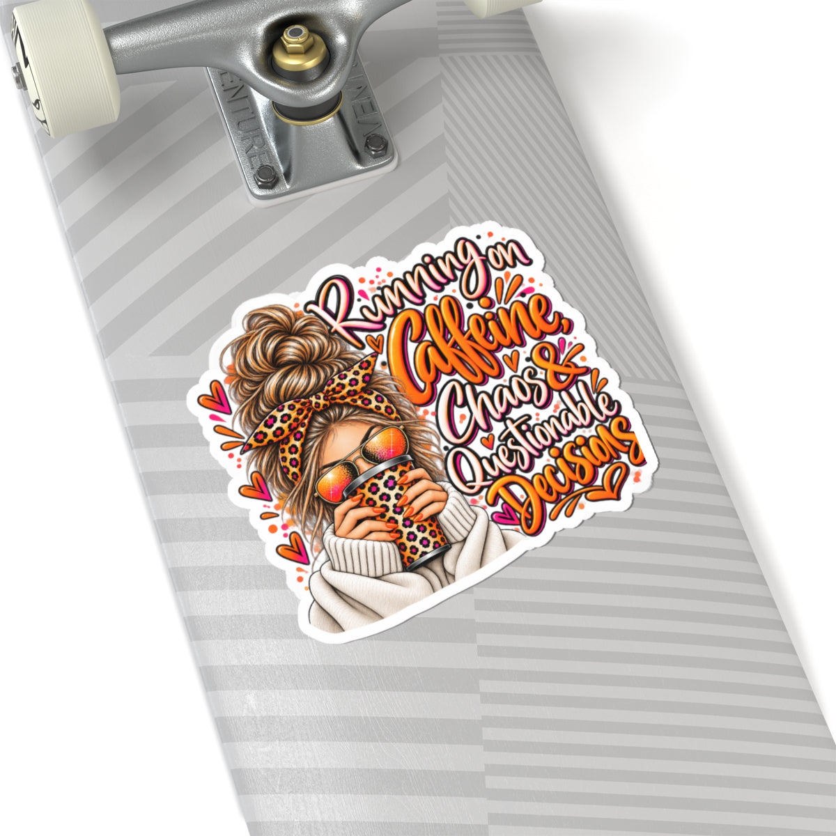 Kiss-Cut Sticker — "Running on Caffeine, Chaos & Questionable Decisions" Coffee Girl Decal