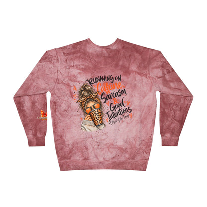 Color Blast Crewneck Sweatshirt — "Running on Caffeine, Sarcasm & Good Intentions" Graphic