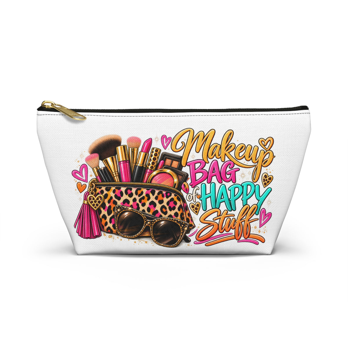 Makeup Bag - "Makeup Bag Happy Stuff" Leopard Cosmetic Accessory Pouch