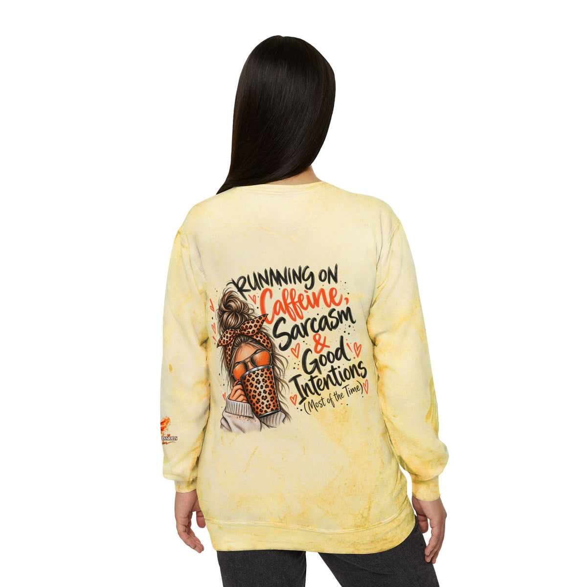 Color Blast Crewneck Sweatshirt — "Running on Caffeine, Sarcasm & Good Intentions" Graphic