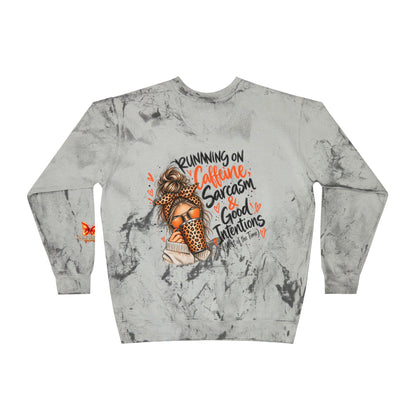 Color Blast Crewneck Sweatshirt — "Running on Caffeine, Sarcasm & Good Intentions" Graphic