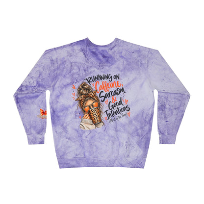 Color Blast Crewneck Sweatshirt — "Running on Caffeine, Sarcasm & Good Intentions" Graphic
